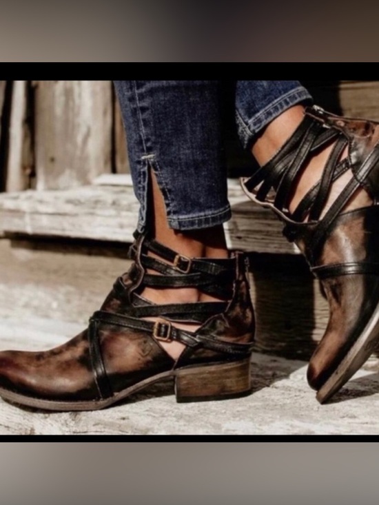 Shoes - Women's Distressed Brown Cutout Ankle Booties with Strap Detail
